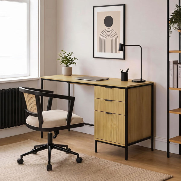 Wisbech 3 Drawer Desk & Nola Rattan Chair