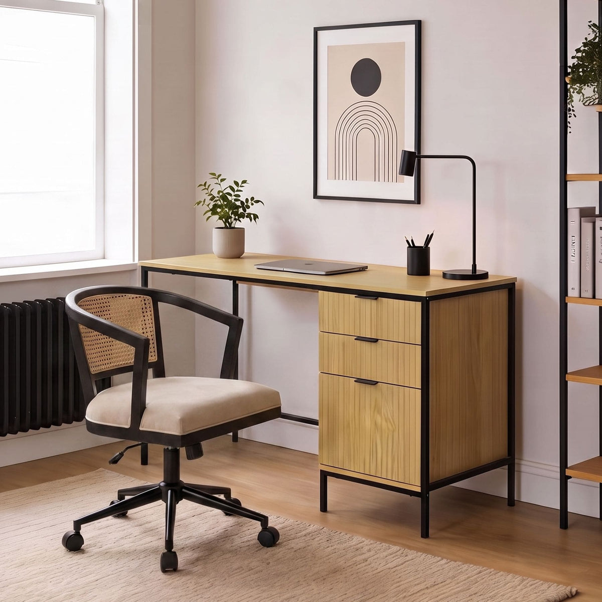 Wisbech 3 Drawer Desk & Nola Rattan Chair