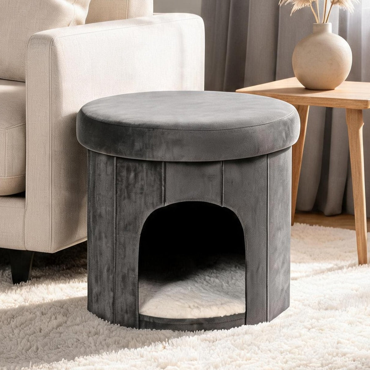 Light Grey Round Velvet Pet Cave