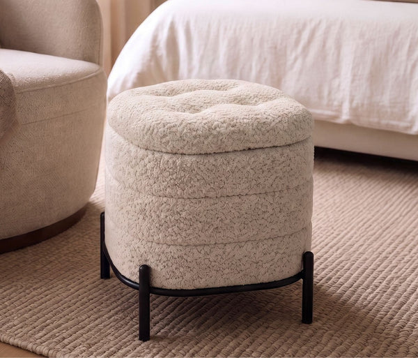 Luxe Beige Square Chenille Storage Ottoman with Tray Lid