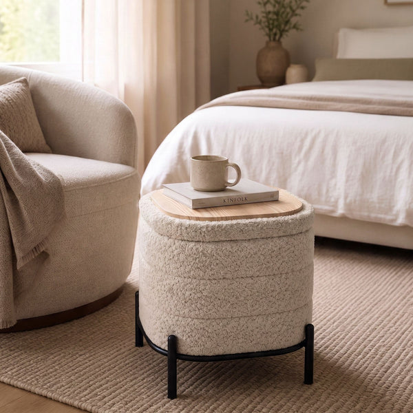 Luxe Beige Square Chenille Storage Ottoman with Tray Lid