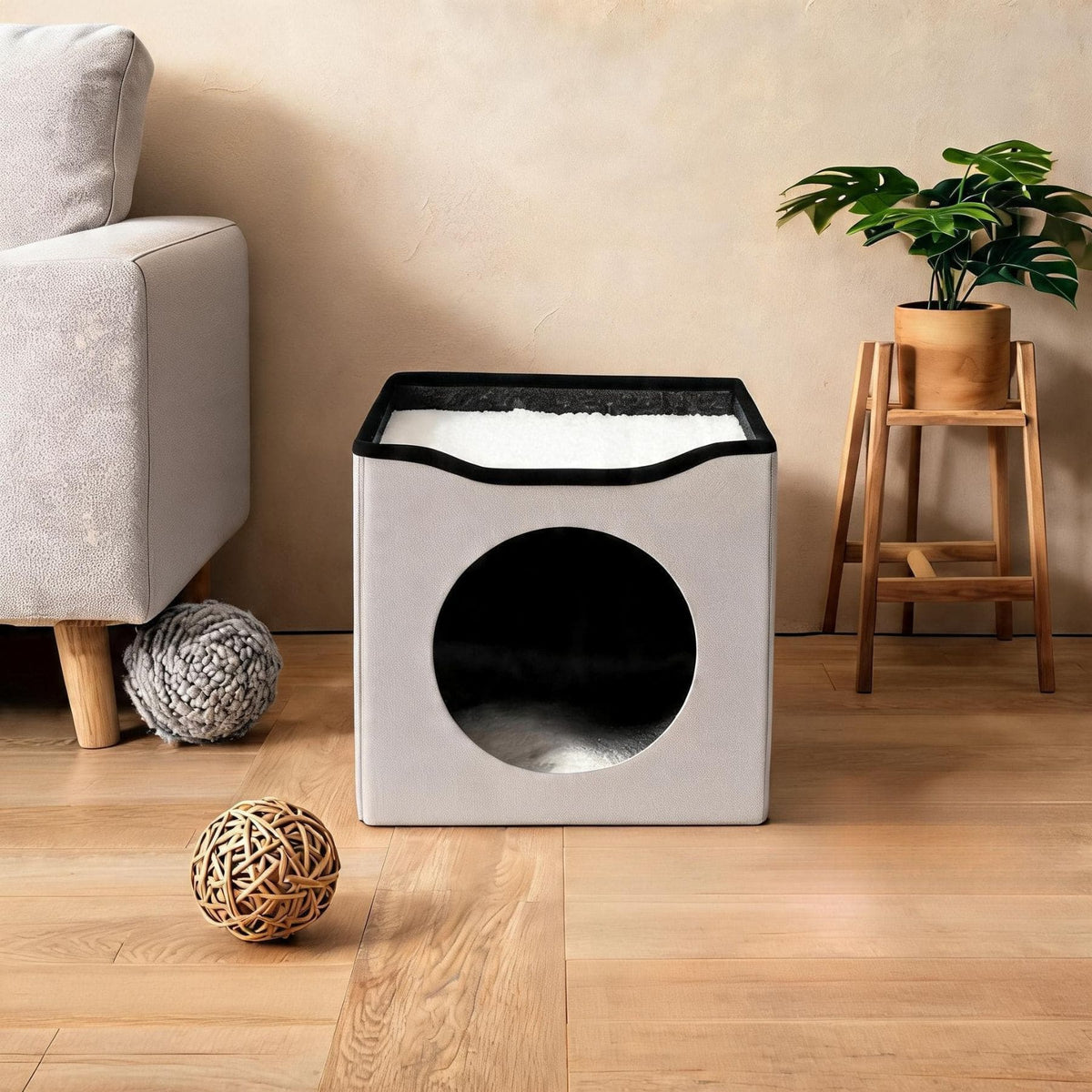 Light Grey Square Velvet Pet Cave Ottoman
