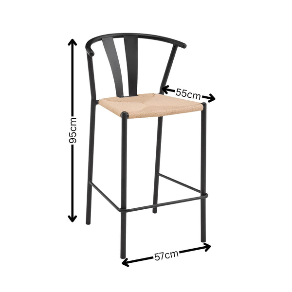 Eira Pair or Black Bar Stools with Woven Seat & Metal Frame